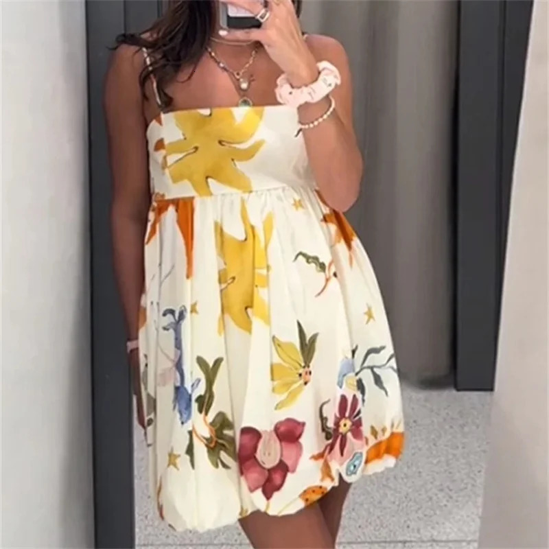 TRAF Print Slip Mini Dress Women Sleeveless Summer Woman Ruched Sundress Vestidos Backless Short Dresses for 250514