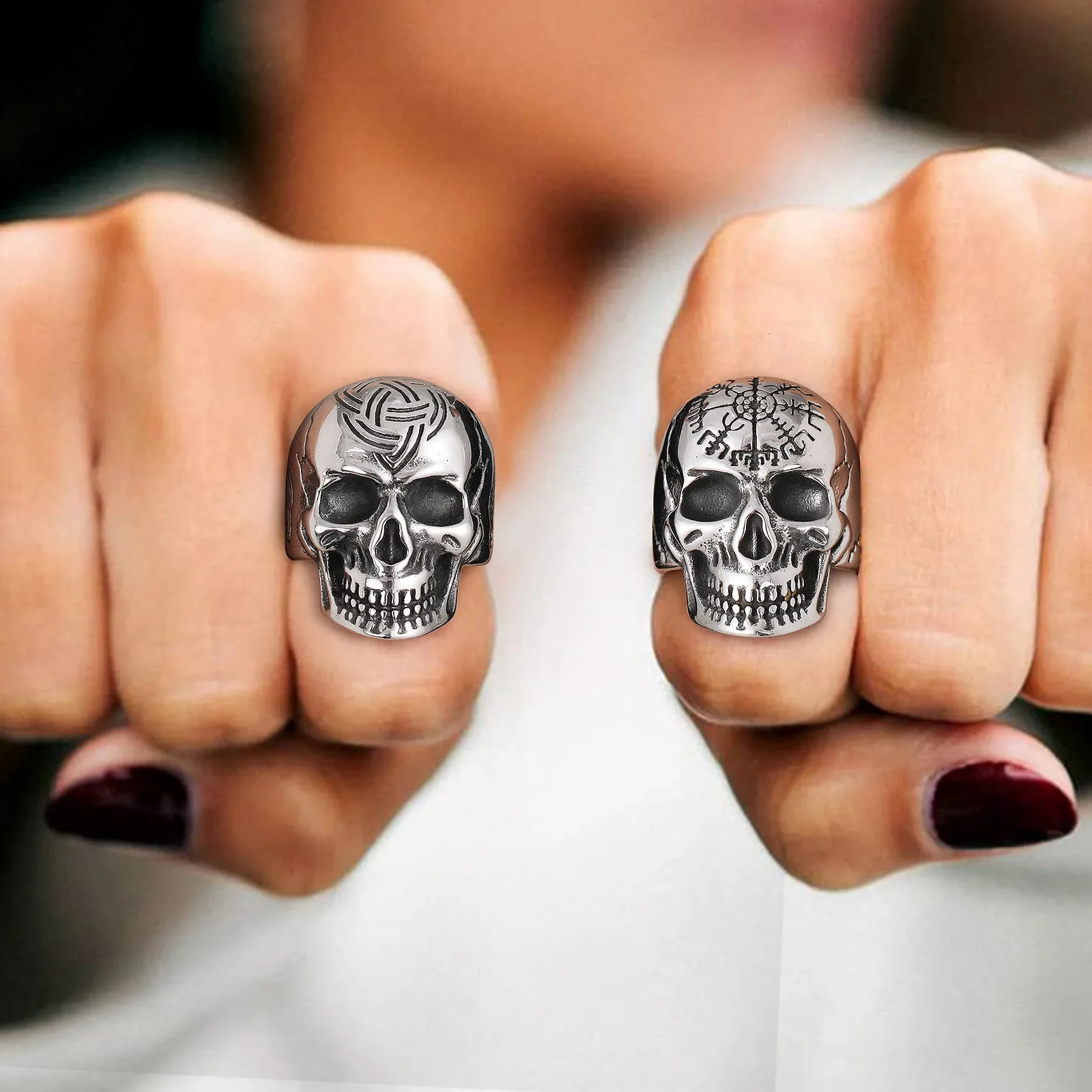 U7 Stainless Steel Big Skull Rings for Man Woman Size 7-14 Cross 3D Skeleton Cuban Chain Celtic Knot Pattern Gothic Punk Jewelry 250509
