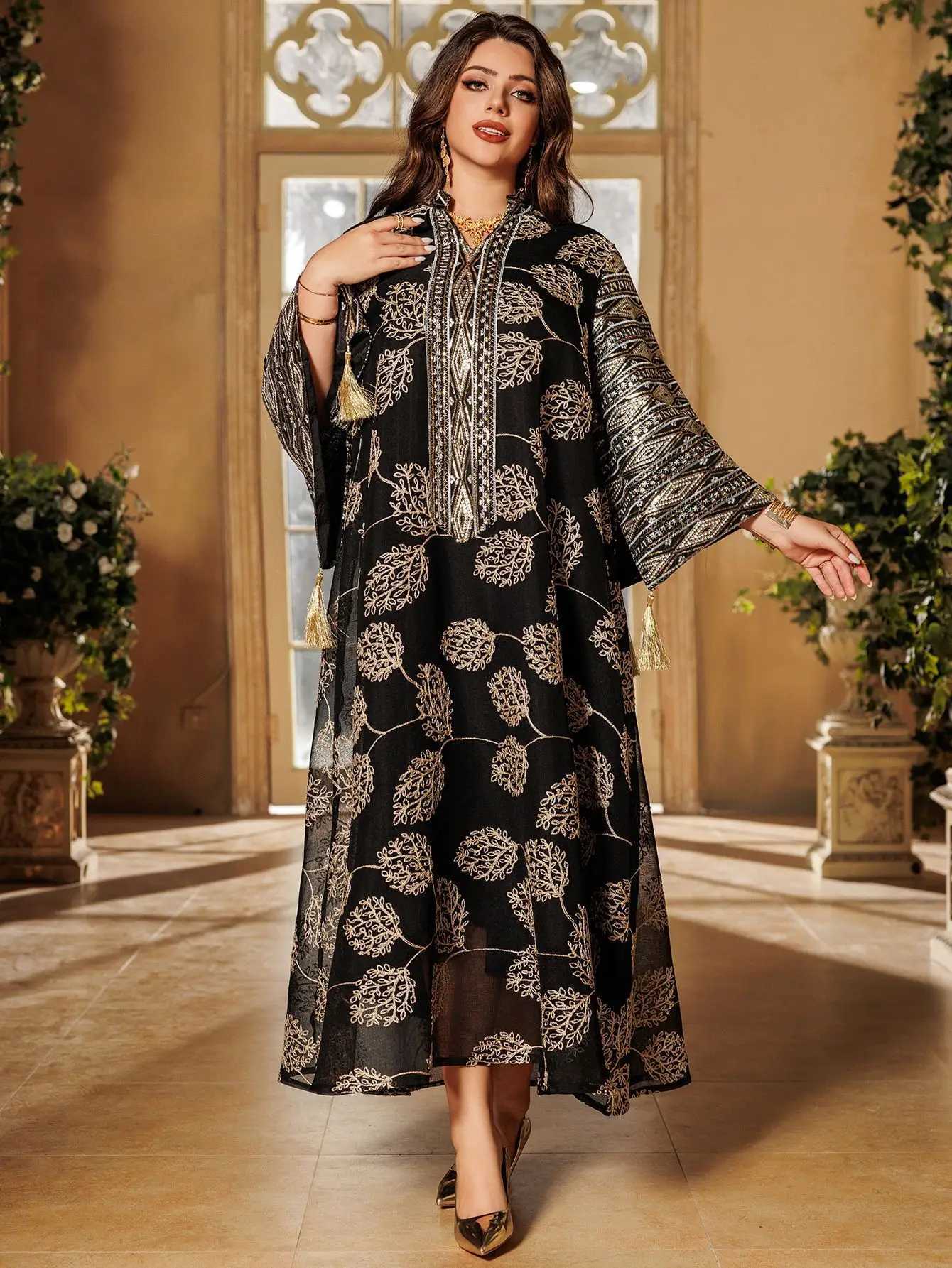 Muslim Womens Black Islamic Embroidered Abaya with Gold Detailing Ideal for Formal Occasions in Middle East like UAE and Saudi X250514