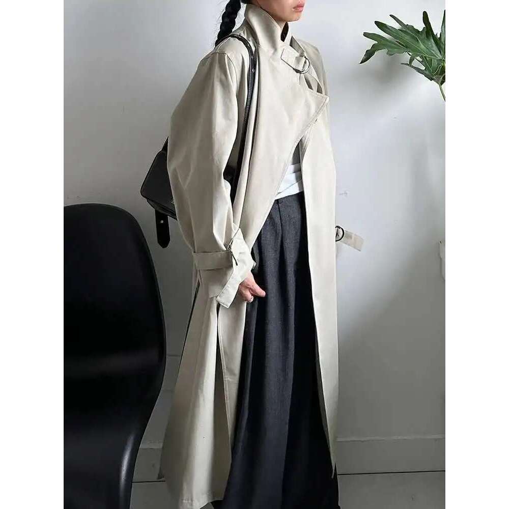 EAM Women Apricot Big Size Elegant Trench New Stand Collar Long Sleeve Windbreaker Fashion Spring Autumn 2025 1DH8165