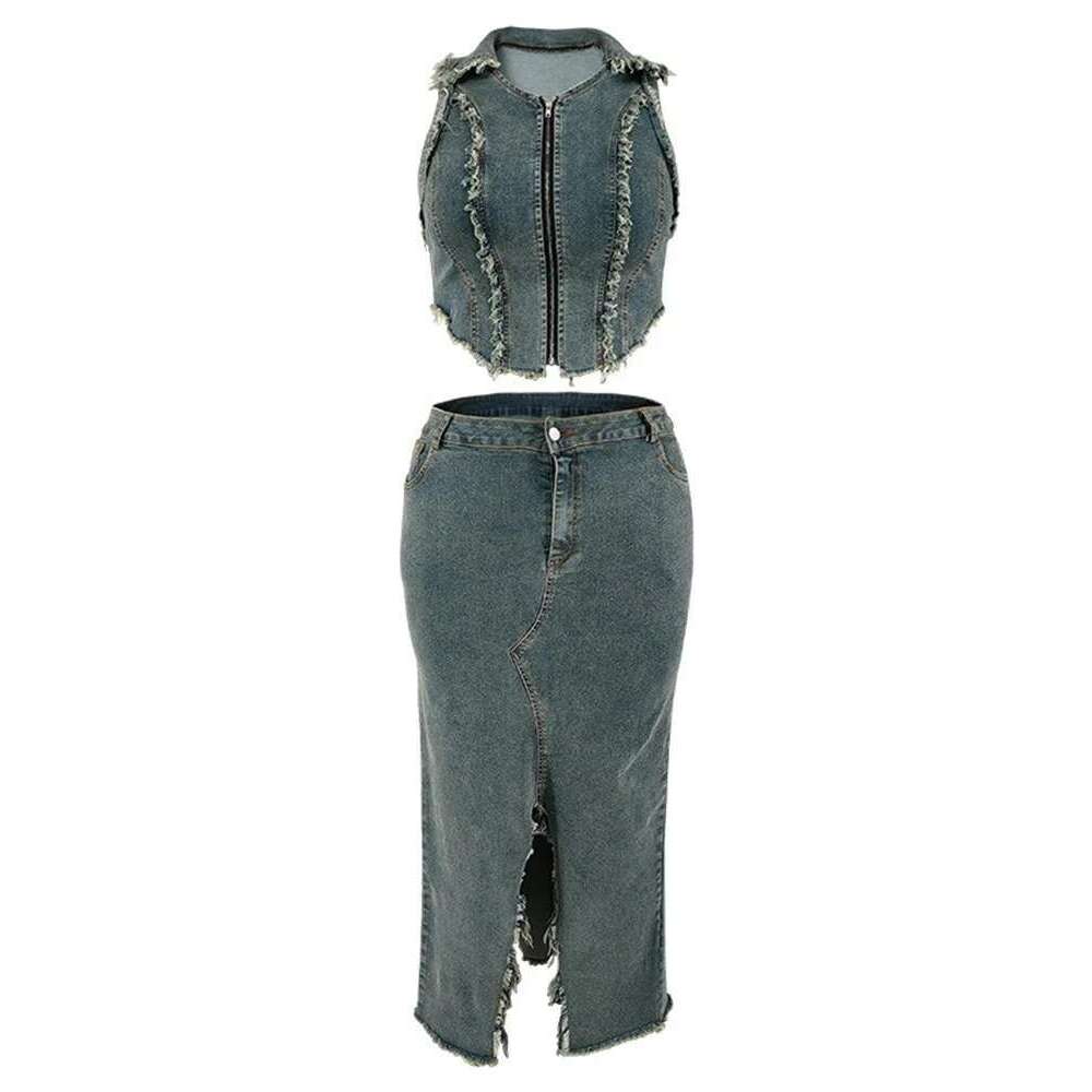 Wmstar Women Plus Size Denim Skirts Sets Two Piece Set Casual Summer Turn-down Collar Crop Tops Streetwear Matching Suits