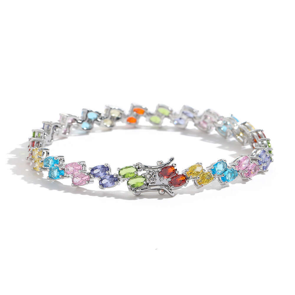 Hip Hop Jewelry Colorful Oval Bracelet Egg Double Rowed Copper Set Zircon Tennis Chain for Women's Folding Wear