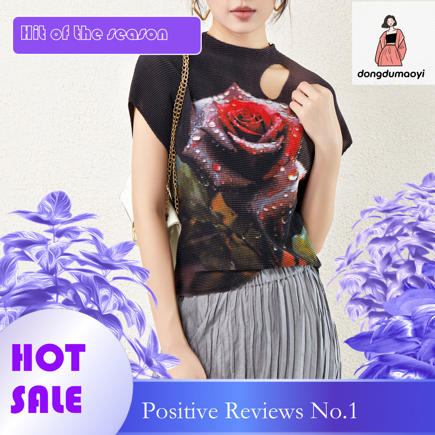dongdumaoyi Miyake style top 2024 new half neck short sleeved fashionable printed hollow out clothes women's rose T-shirt
