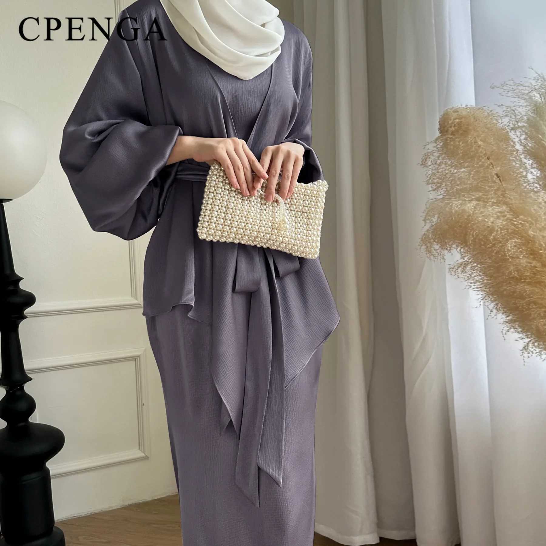 2 Piece Saudi Arabia Muslim Women Satin Abaya Dress for Women Islam Dubai Vacation Modest Clothing 2024 Elegant Turkish Robe X250514