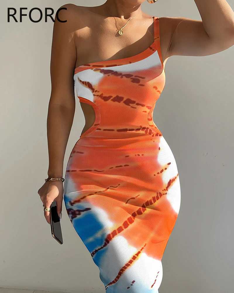 2024 Women All Over Print One Shoulder Maxi High Silt Sexy Skinny Party DressXJ250514