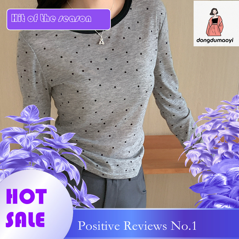 dongdumaoyi New polka dot long sleeved base shirt for women's spring design, slim fit shoulder T-shirt, unique and super beautiful top
