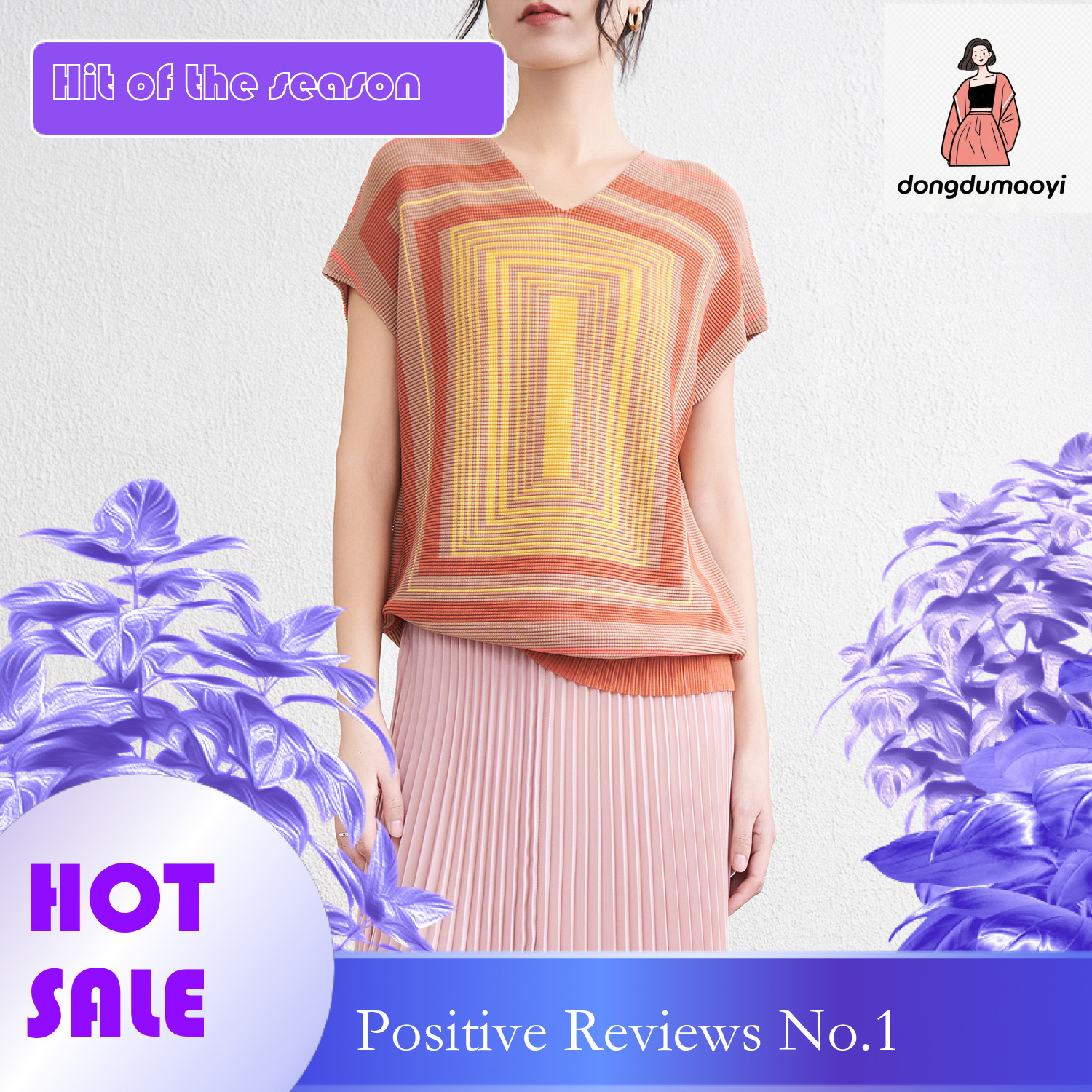 dongdumaoyi Miyake printed short sleeved for women's summer 2025 new fashion V-neck plus size slimming pullover shirt top