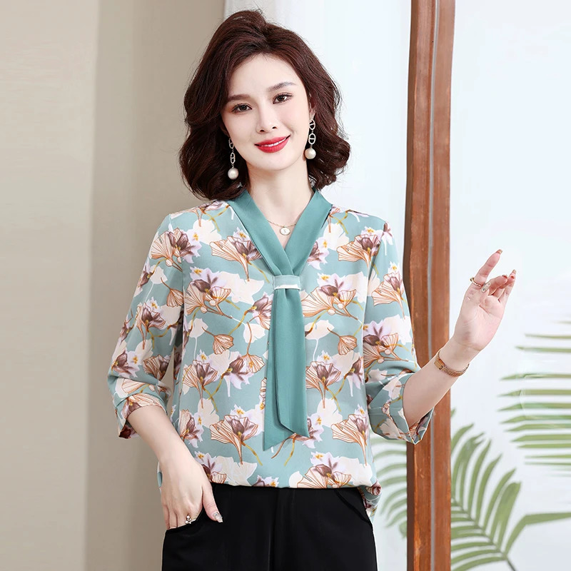 Fashion Printed Spring and Autumn shawl collar Womens Floral Checked Mid Sleeved Loose Chiffon Tops 250514