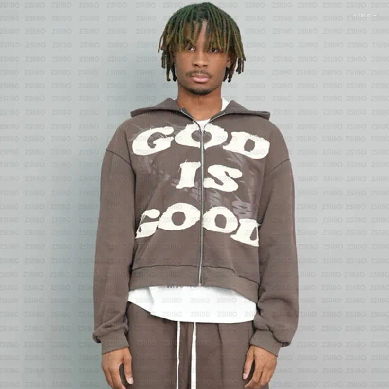 Mens Hoodies Gothic High Street Letter God Is Good Embroidered Zipper Hoodie Hooded Jacket Harajuku Hip-hop Casual Top