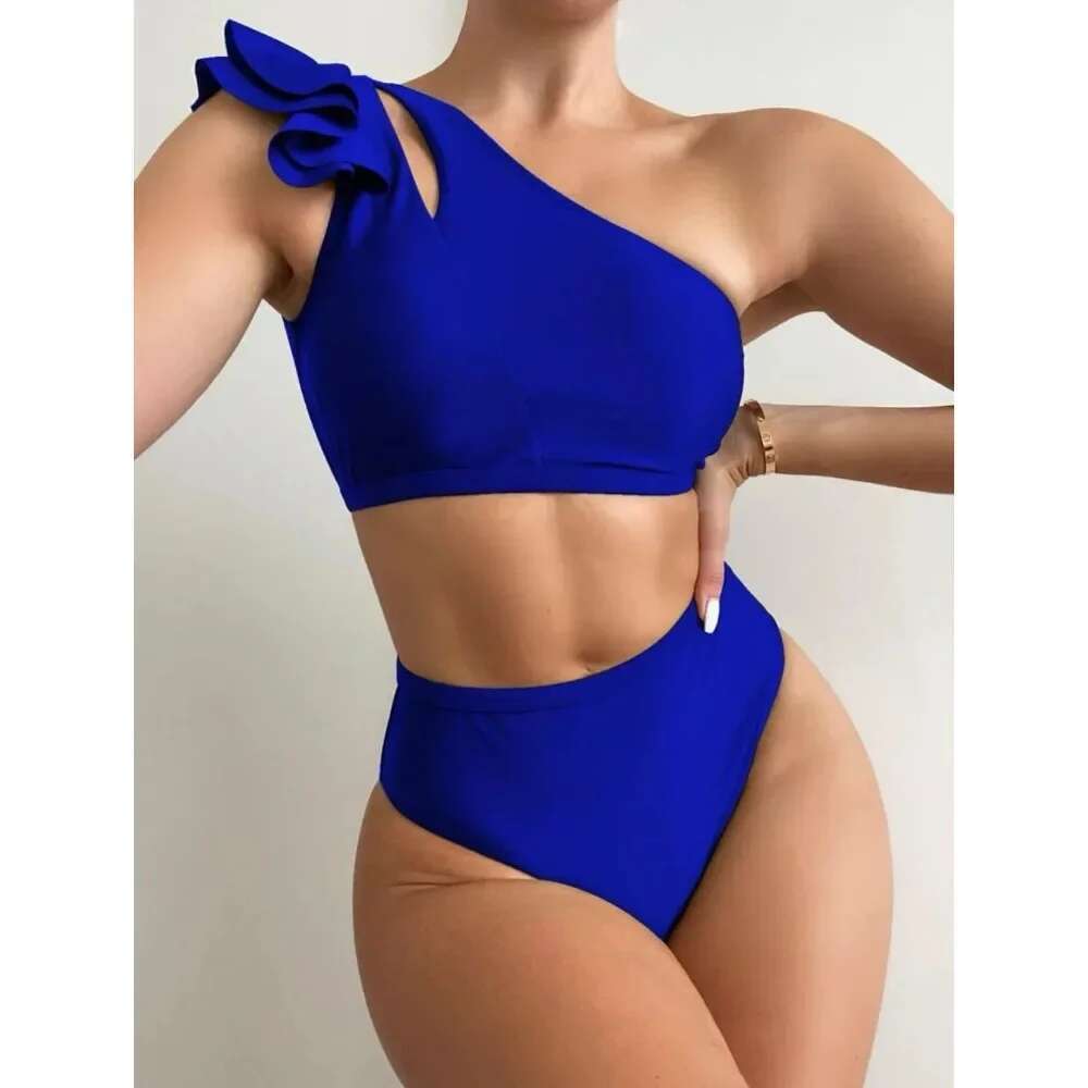 One Shoulder Bikinis Women Ruffle Swimsuit Solid High Waist Swimwear Female Padded Bathers Bathing Swimming Suit Beachwear