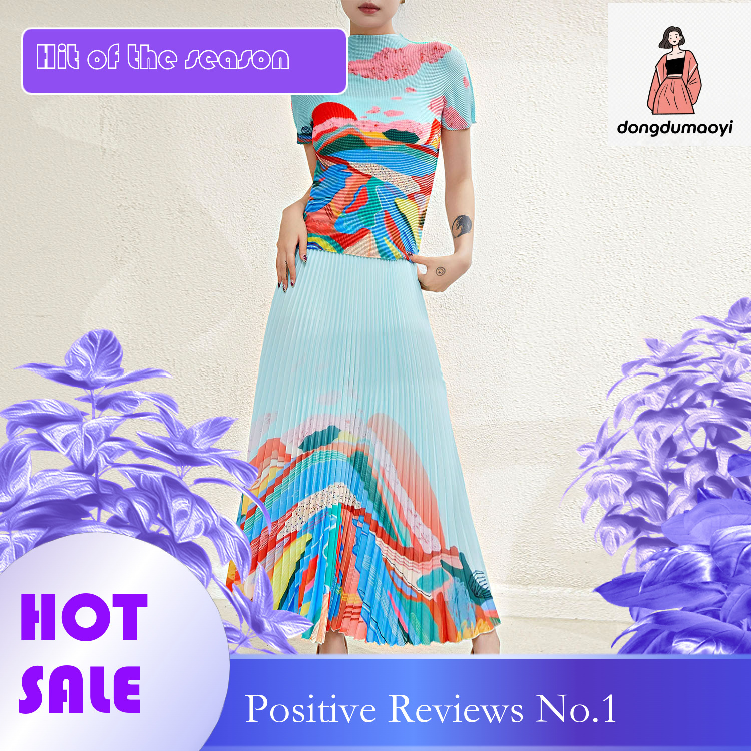 dongdumaoyi Miyake printed T-shirt, women's summer new style, pleated half skirt, small fashionable, age reducing and stylish two-piece set