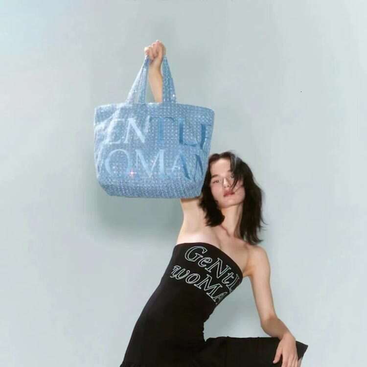 Thai letter glitter washed denim item bling large capacity tote bag 2025 temperament versatile new trend ins