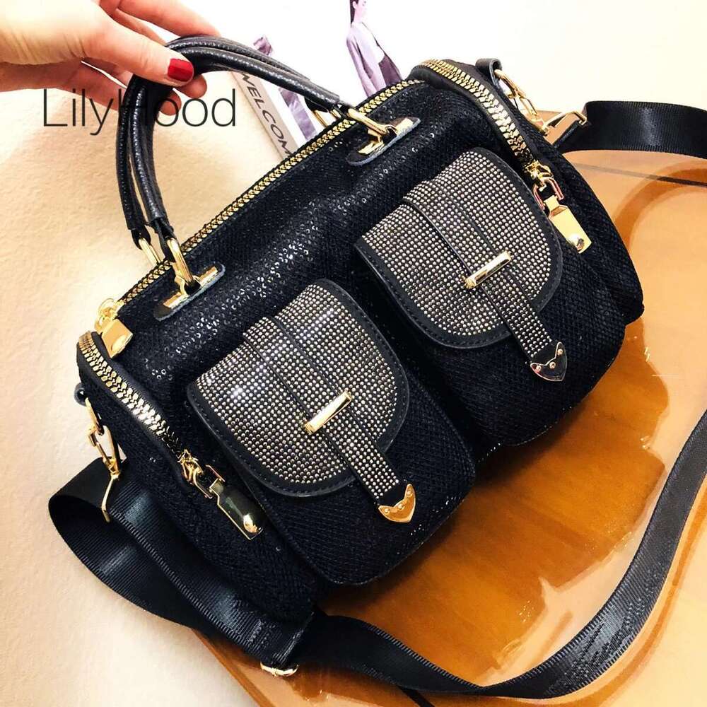 Female Fashion Mesh Netting Dias Multi-Pockets Messenger 2025 Women Trends Shiny Rhinestone Boston Satchel Shoulder Bag