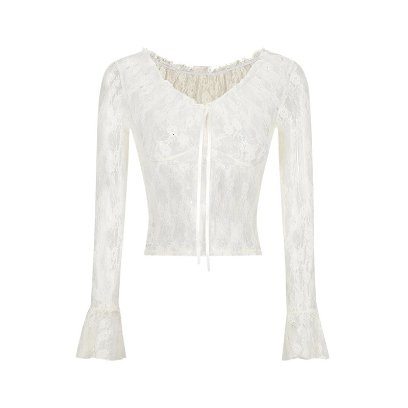Womens Sexy Black Lace Hollowout Long Sleeve Blouse Korea Deep VNeck Shirt Summer Female BellSleeved Top 250514