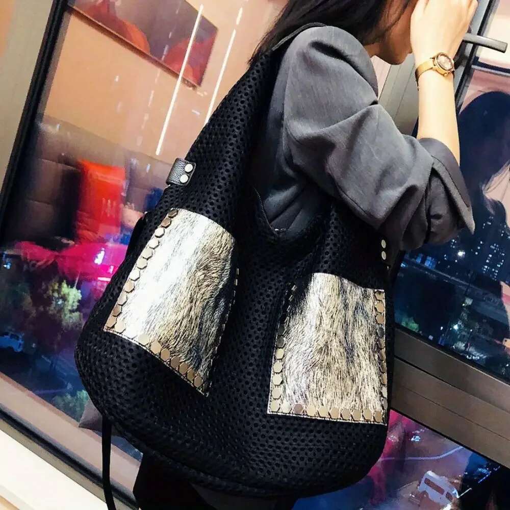 Women's fashionable retro mesh patchwork cowhide tote with large capacity single shoulder crossbody carrying bag