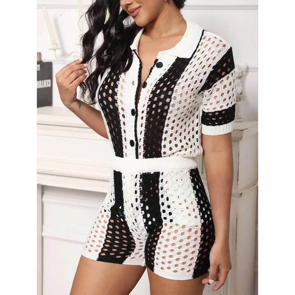 Plus Size Summer New Women's Holiday Set 2 Pieces Crochet Button Cardigan and Trousers Beach Cover Up