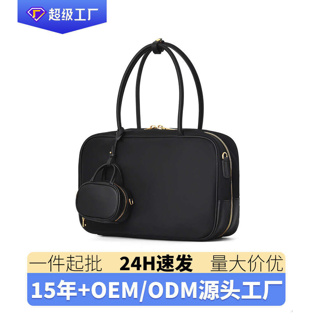 Nylon Waterproof Fabric Spliced Cowhide Bowling Large Capacity Commuting Office Single Shoulder Crossbody Bag, Women's Bag