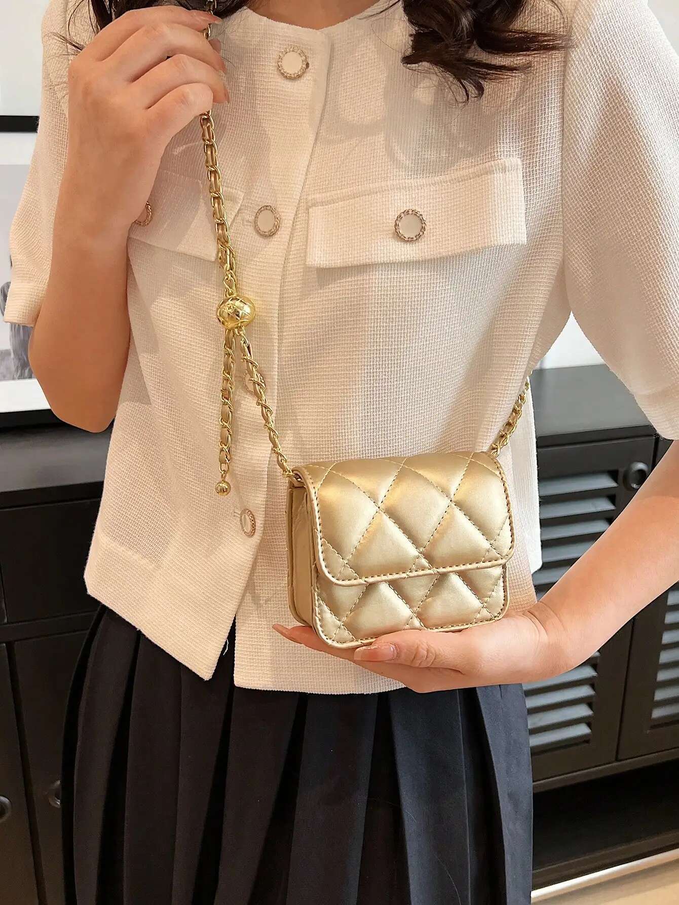 2025 new bag simple multifunctional texture mini belt with golden ball chain shoulder strap designer crossbody bag diamond grid chain women's sma