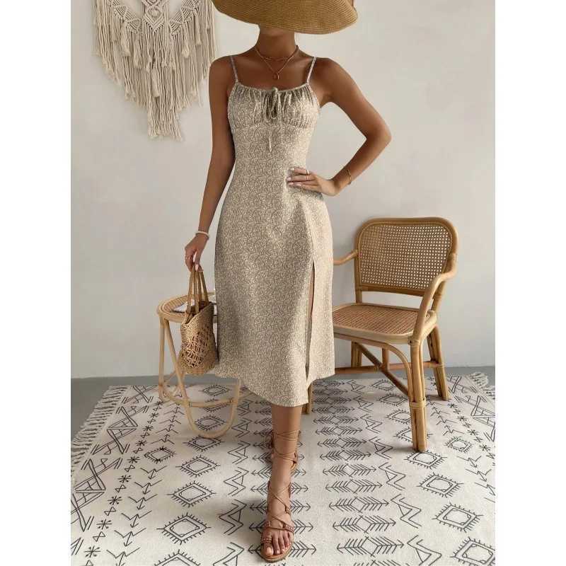 Womens Print Spaghetti Strap Dresses Fashion Leace-up Bodycon Slit Dress Fresh Floral A-line Midi Vestidos Female Summer NewXJ250514