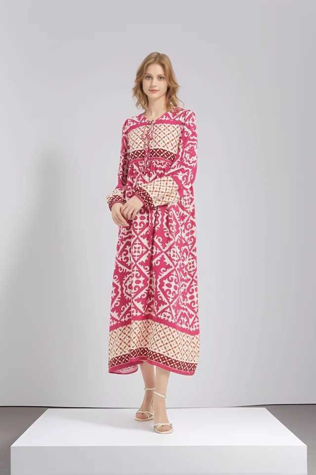 Boho Maxi Dress 2025 Womens Long Bohemian Dress Loose Fit Geometric Print Tiered Flowy Dress V-Neck Long Slve X250514