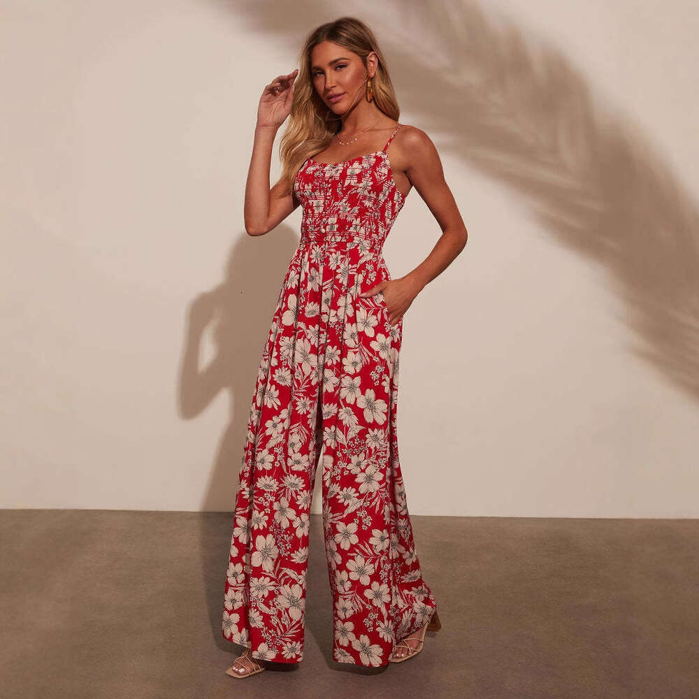 Designer Dresses Goth Dresses Summer Dresses for Women 2025 New Womens High Waist Vacation Style Flower Printed Strap Jumpsuit for Women