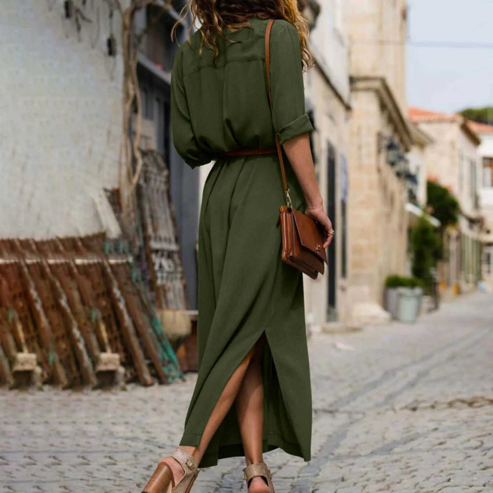 Womens Lace Up Tunic Dresses Summer Streetwear Long Sleeve Shirt Dresses With Belt casual Solid Color Linen Maxi Dress for womenXJ250514