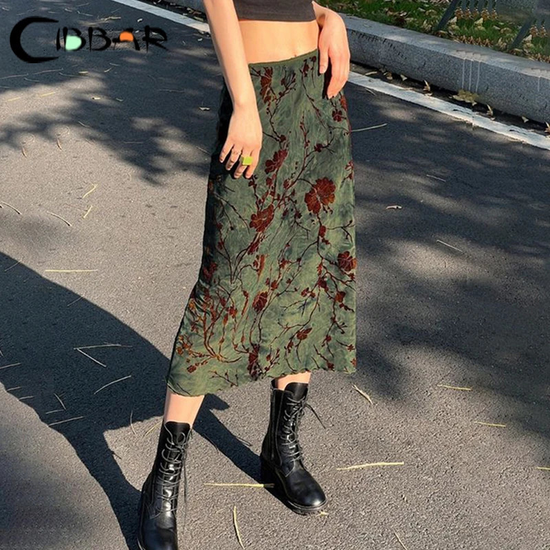 CIBBAR Harajuku Floral Print Long Skirt Vintage Low Rise Straight Midi Skirts for Women Spring Summer Allmatch Ladies Y2k 250514