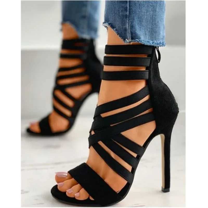 Summer womens fashion bandage back zipper sandals 2025 sexy pointed toe versatile solid color banquet party stilettos large 43 W250514