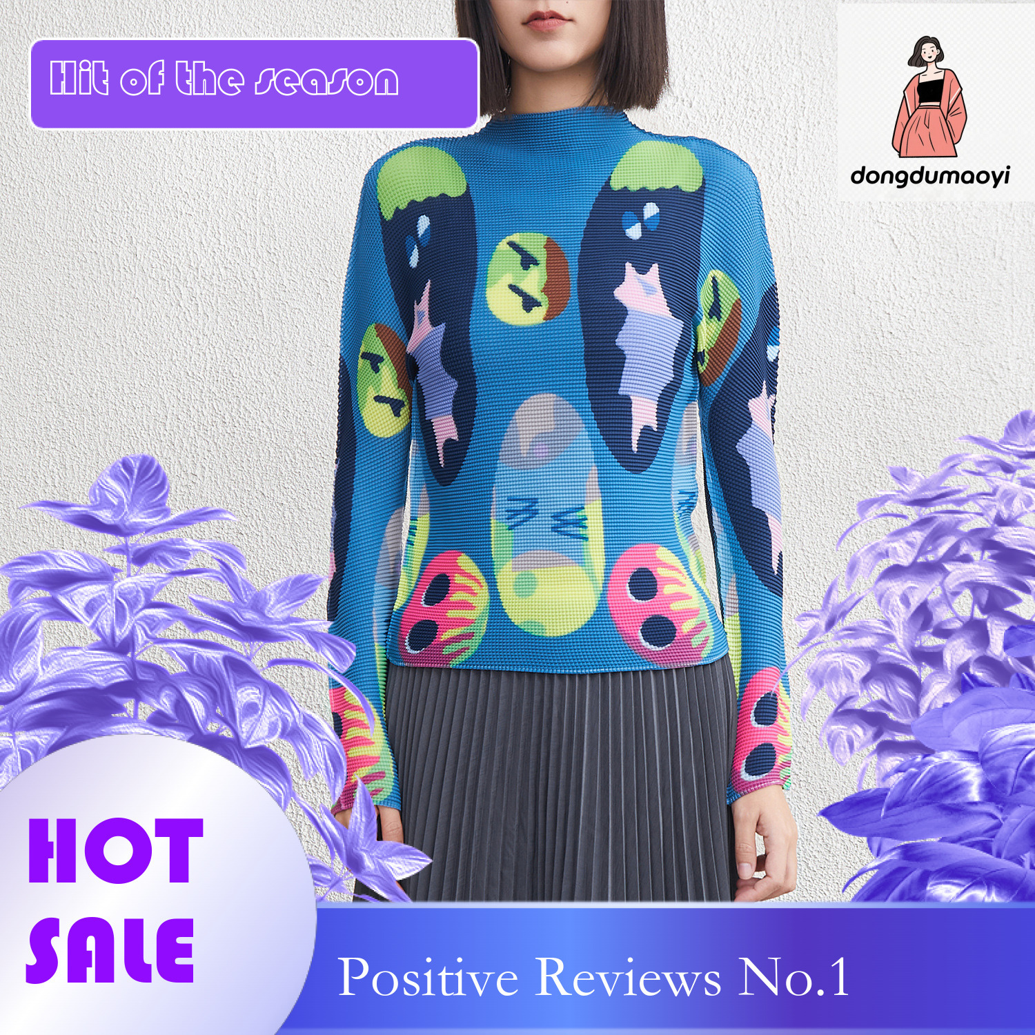 dongdumaoyi Miyake Half High Collar Bottom Shirt for Women 2025 New Style Spring and Autumn Winter Inner Fold Slimming Long Sleeve Thin Printed Top