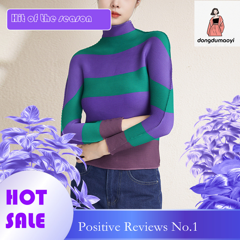 dongdumaoyi Miyake T-shirt for Women 2025 Spring Autumn Half High Collar Long Sleeve Printed Stripe Slimming Top with Fashionable and Versatile Style