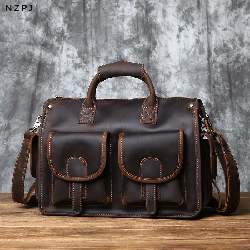 NZPJ Vintage Genuine Leather Men's Briefcase Crazy Horse Handbag Natural Cowhide Travel Casual Shoulder Crossbody Bag
