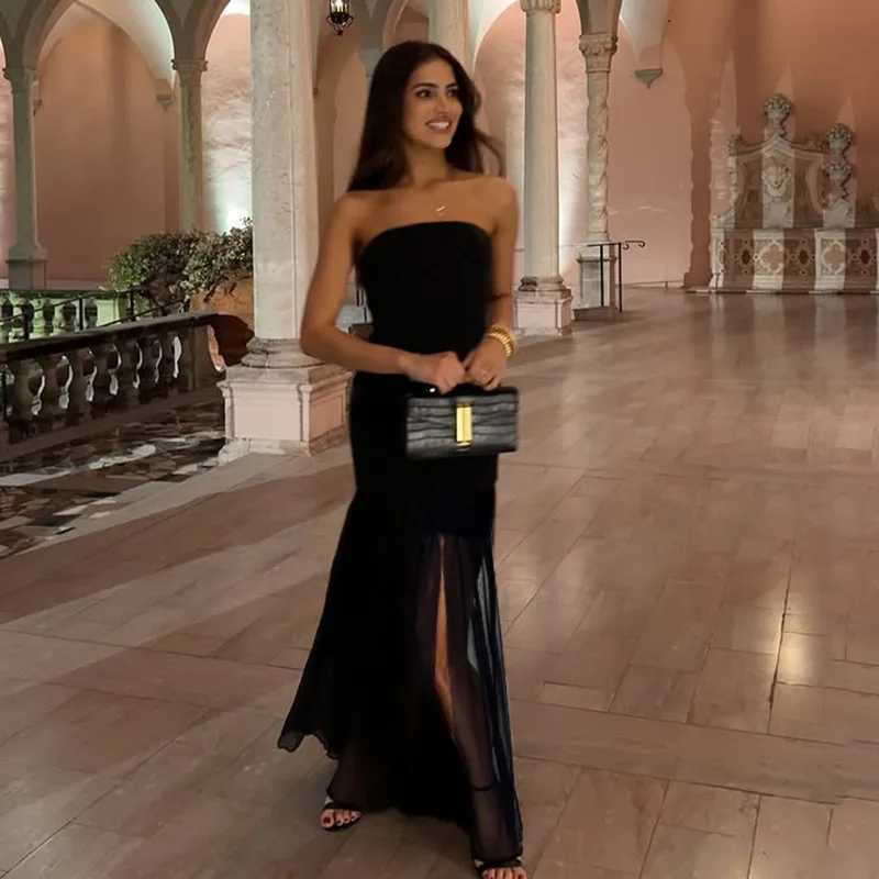 Tornova Sexy Strapless Split Long Dress For Women Mesh Splice Retro Elegant Party Dress Sleeveless Summer Vacation Dress FemaleXJ250514