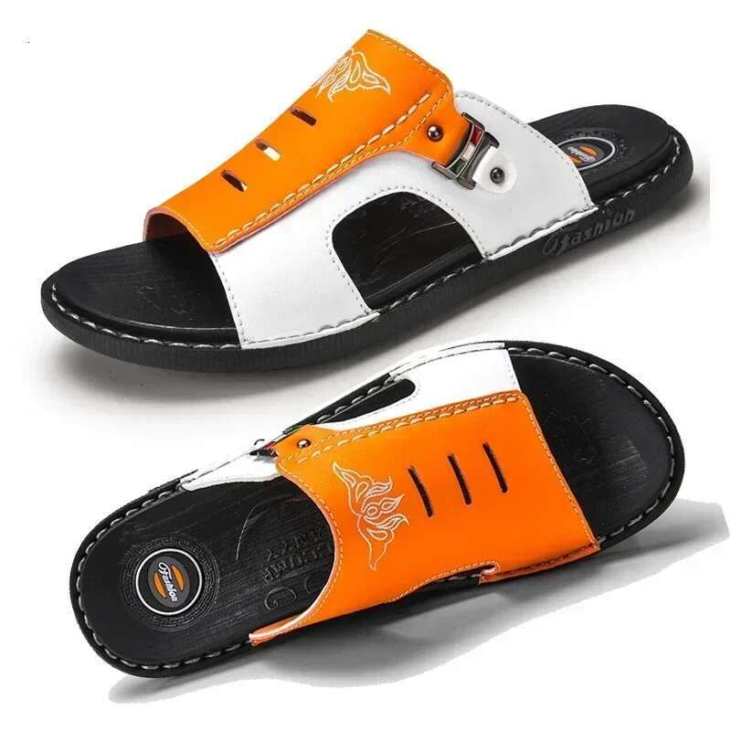 Men's Summer New Non-slip Wear-resistant Beach Shoes Leather Casual Sandals Slippers Slides Men