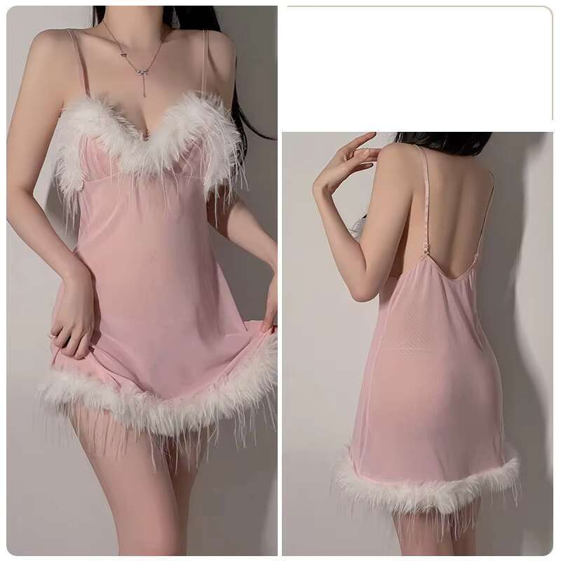 Sexy Mesh Home Clothes Plush Patchwork See-Through Seductive Suspender Nightdress Women's Pure Lustful Pamas Set