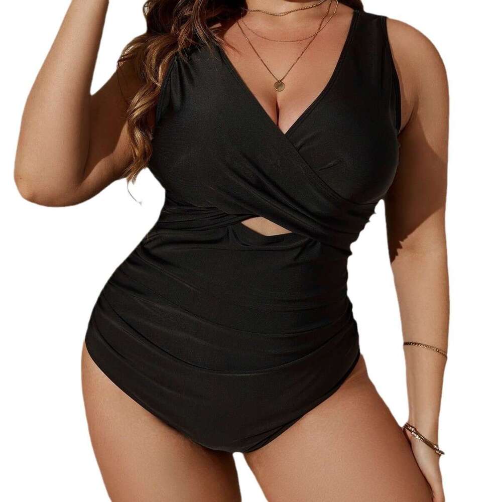 New European and American plus size one-piece women's beach solid color multi-color polyester high elasticity explosive swimsuit new temperament 