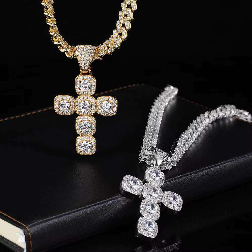 New hip-hop accessory CZ gold-plated pearl ice cross pendant cubic zircon rope chain necklace