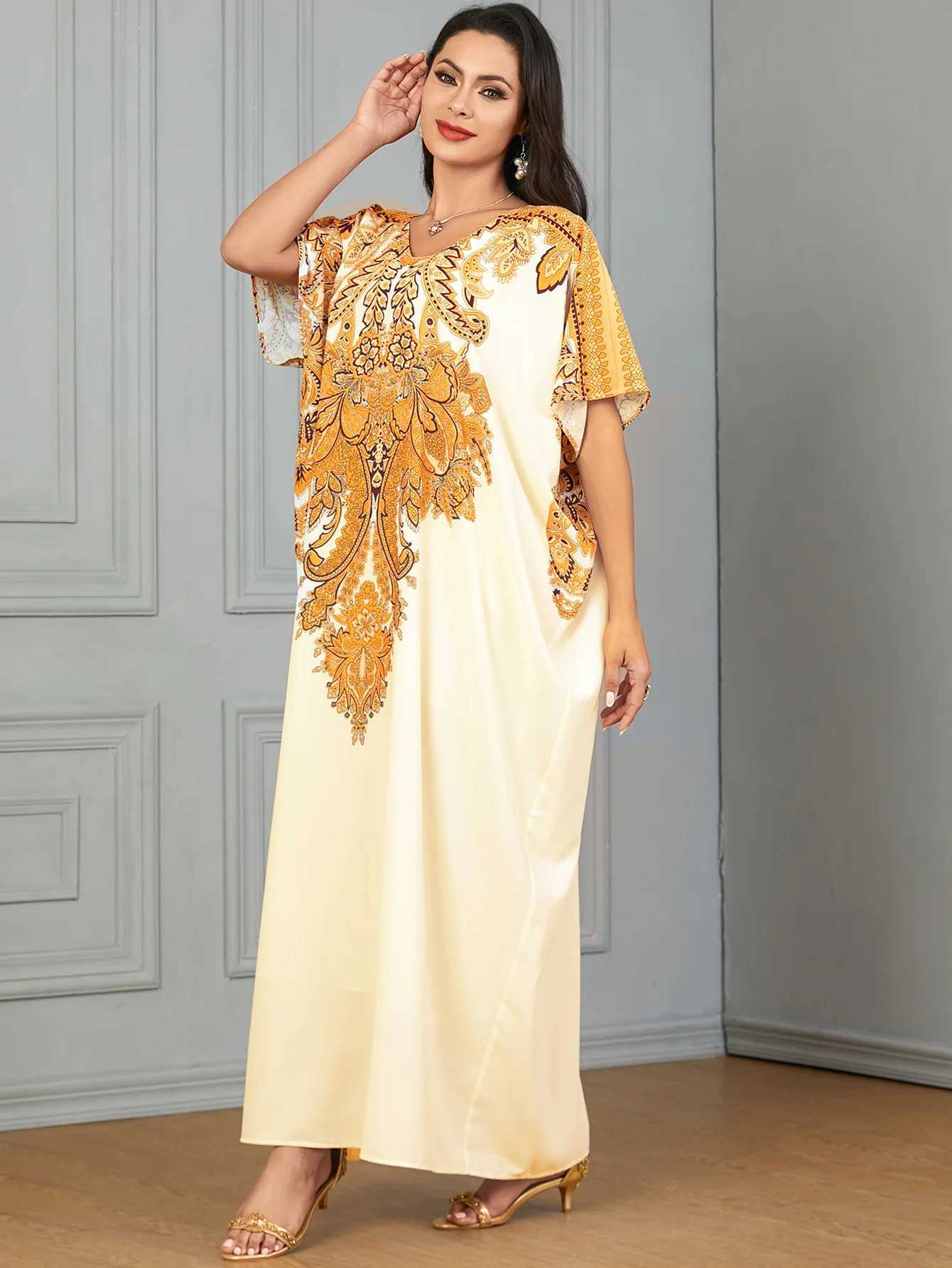 Morocco Summer Loose Kaftan Women Muslim Print Short Slve Maxi Dress Dubai Abaya Turkey Caftan Marocain Femme Robe Vestidos X250514