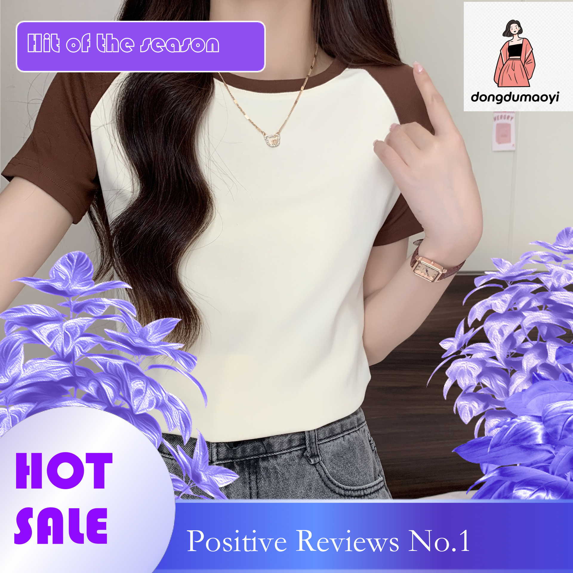 dongdumaoyi Color blocked short sleeved t-shirt for women 2025 new summer design, niche, raglan sleeves, versatile, slimming top, trendy