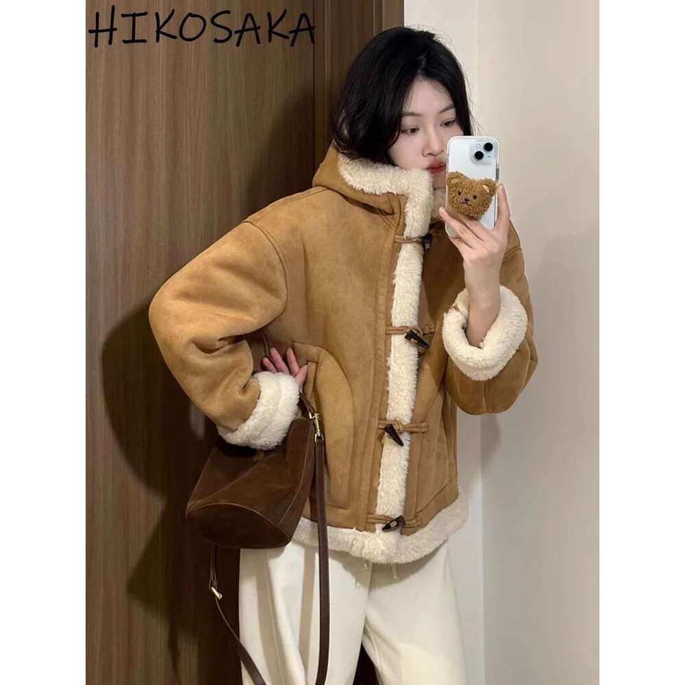 Korean Chic Hooded Lamb Wool Coats Women Horn Button Loose Casual Long Sleeve Jackets Autumn Winter Thick Warm Fur Outwears