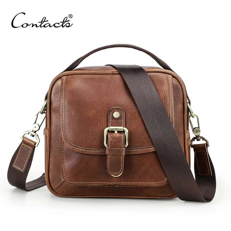 CONTACT'S Genuine Leather Men Small Messenger Bag Male Vintage Shoulder Brown Handbag Flap Travel Crossbody Bags