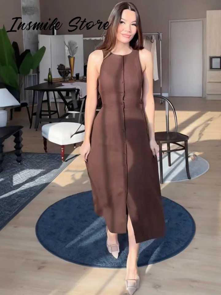 Casual Solid Lace Up Women Dress O-neck Sleeveless Single Breasted Loose Female Long Dresses 2025 Summer New Fashion Lady RobeXJ250514