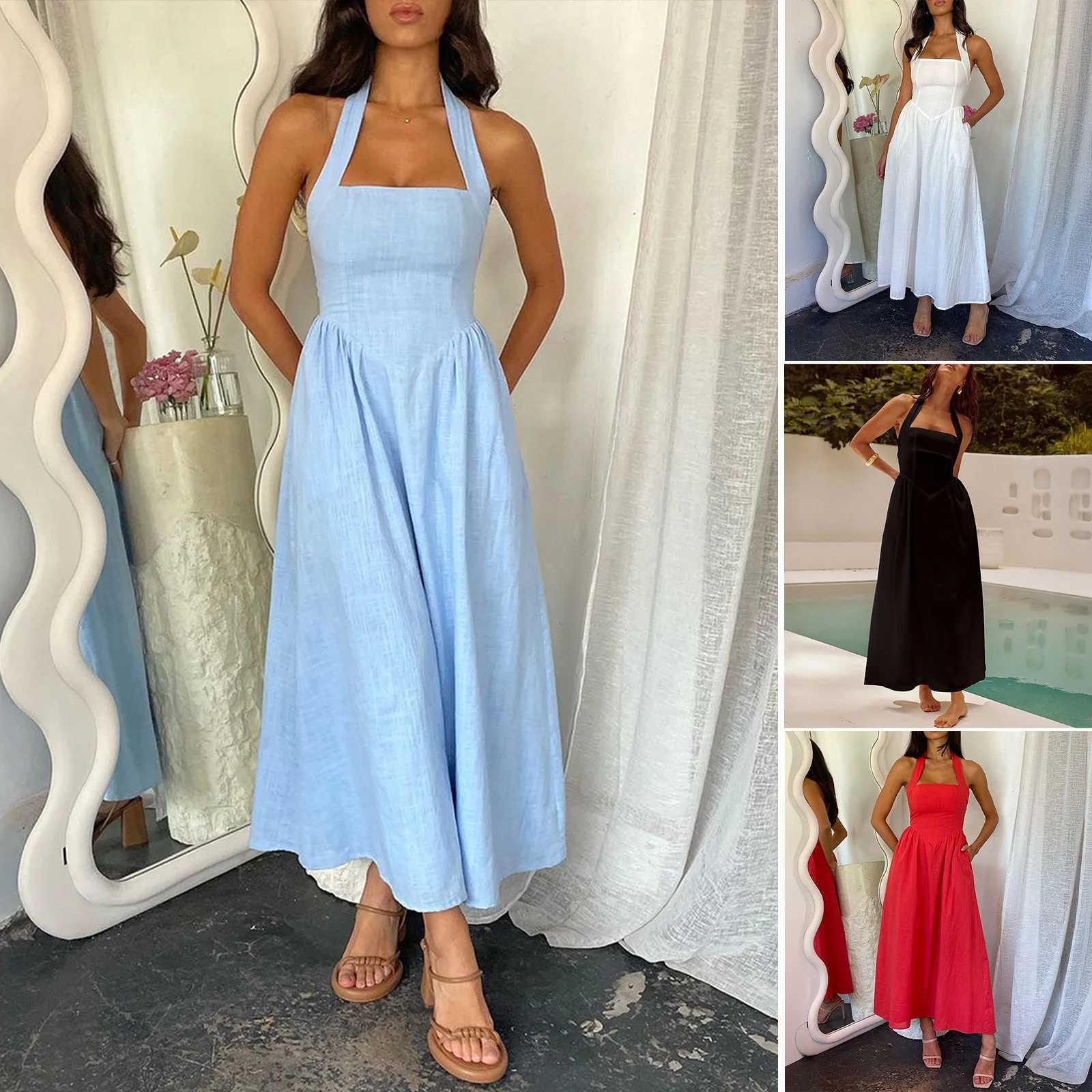 2025 Spring Summer Casual Vacation Solid Color High Waist Sleeveless Hanging Neck Dresses for Women Dress Women Female ClothingXJ250514