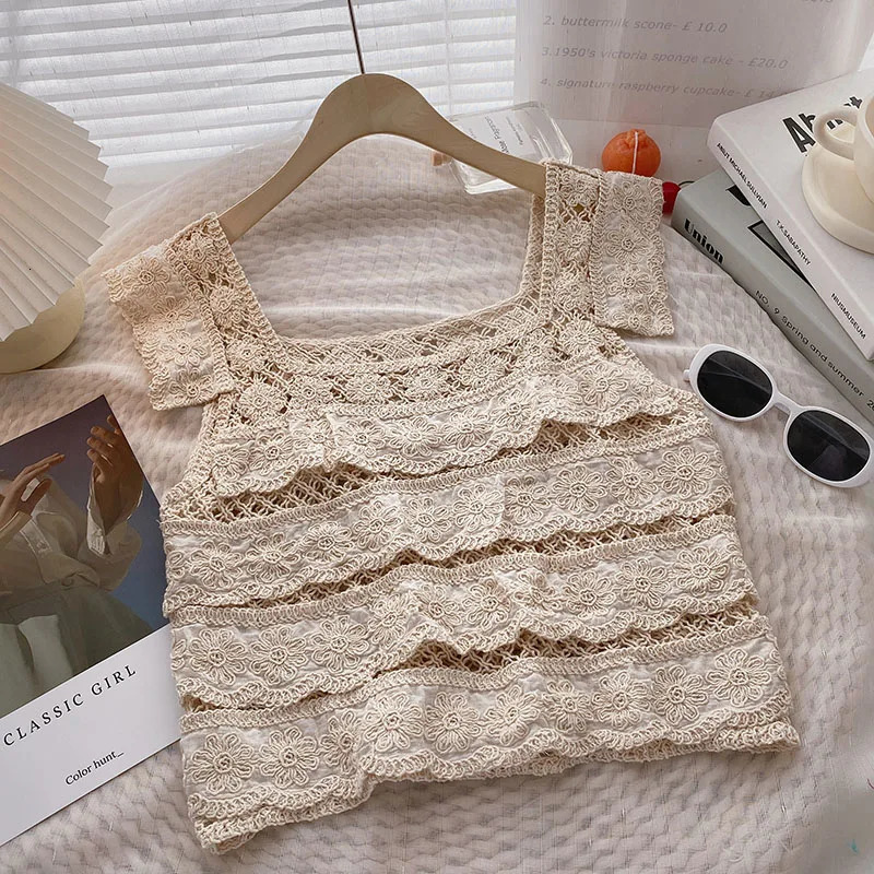 Tiered Ruffled Crochet Top Frilled Flutter Sleeve Semi Sheer Openknit Crop Tops Blouse Summer Women Teengirl Fairycore Outfit 250514