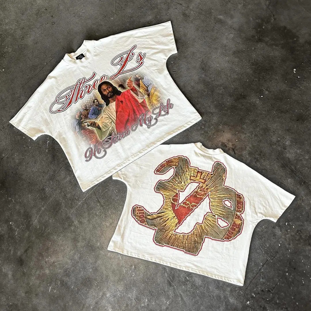 Y2k retro hiphop pattern printed men oversized Tshirt street short sleeved casual punk couple top harajuku y2k 250514