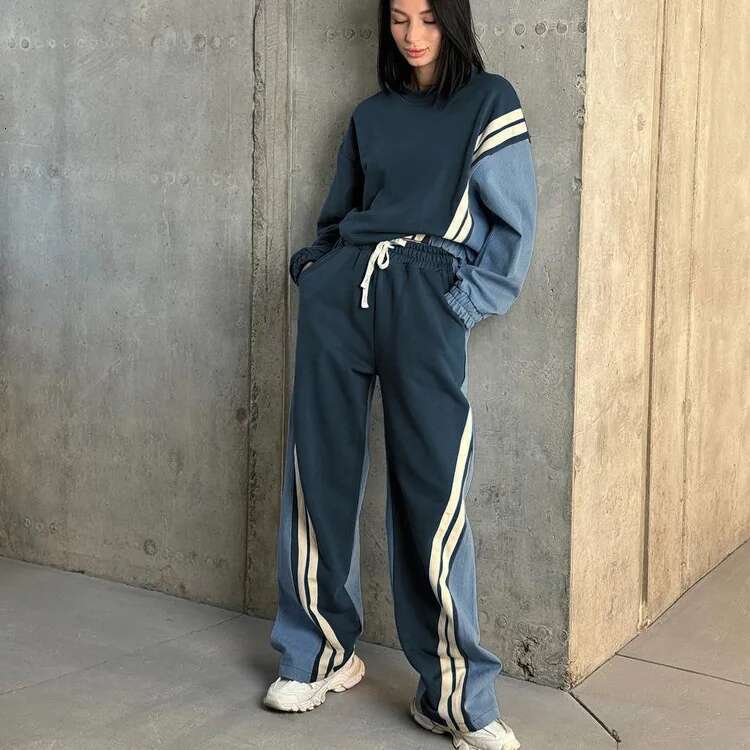 Getspring Women 2024 New Striped Patchwork Full Sleeve Pullover Sweatshirt Drawstring Loose Long Pant Two Pieces Sets