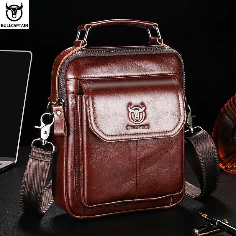 BULLCAPTAIN Men's Genuine Leather Shoulder Multifunctional 7.9-inch Tablet Handbag Retro Casual Crossbody Bag Cowhide