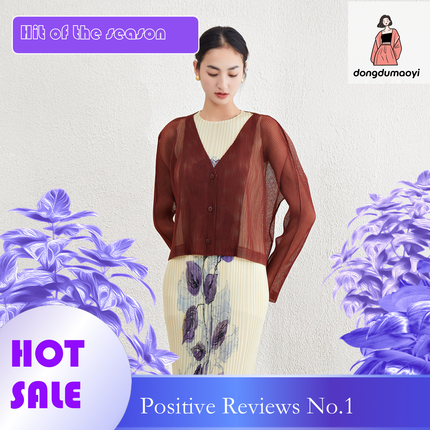 dongdumaoyi Mesh V-neck short knitted cardigan long sleeved thin jacket air-conditioned shirt 2024 summer new three bedroom exterior pleated top