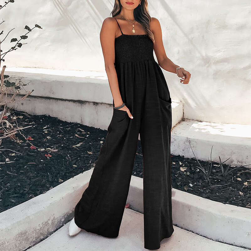 Pants Women Flare Leggings 2025 New Womens Solid Color Camisole Pleated Casual Temperament Commuting Jumpsuit Hot Style Solid Color All-match Model
