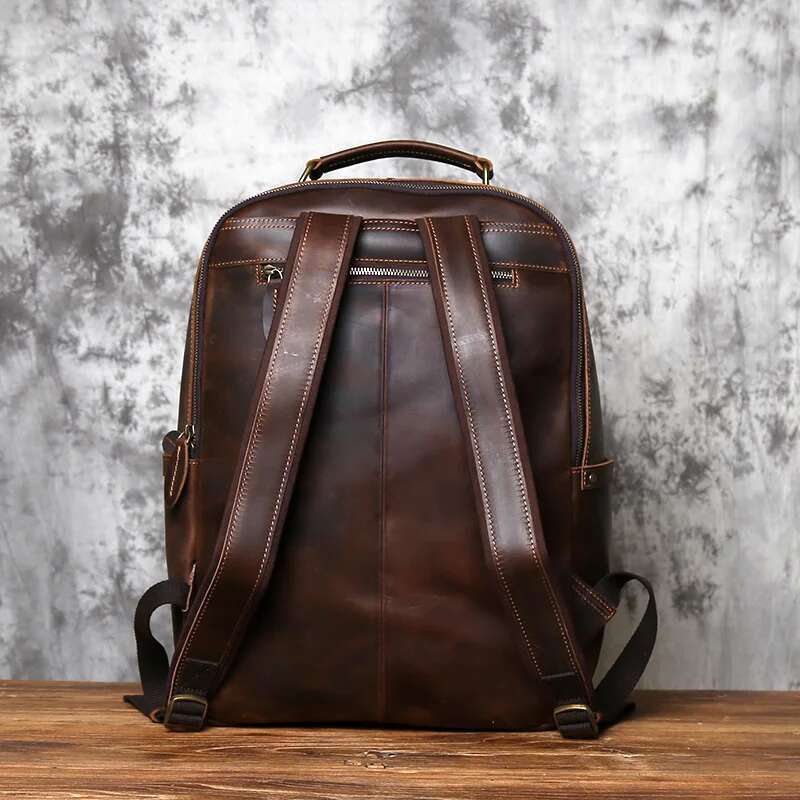 NZPJ Retro Genuine Men's Large Capacity Head Layer Backpack Casual Crazy Horse Leather Laptop Bag