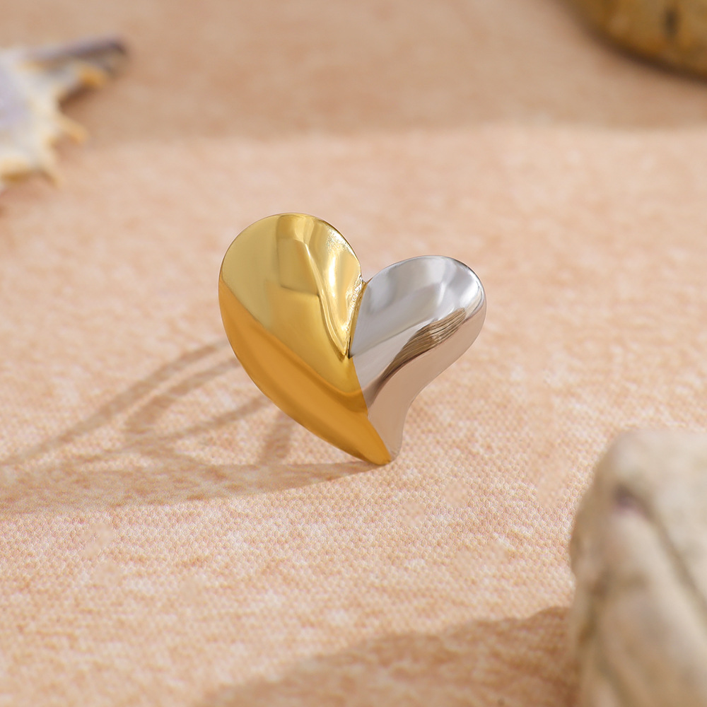 Minimalist Two-Tone Heart Ring, Stylish Open Adjustable Stainless Steel Ring with Gold & Silver Plating for Women